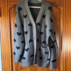 Aqua Gray and Black Heart Oversized Cardigan Sweater